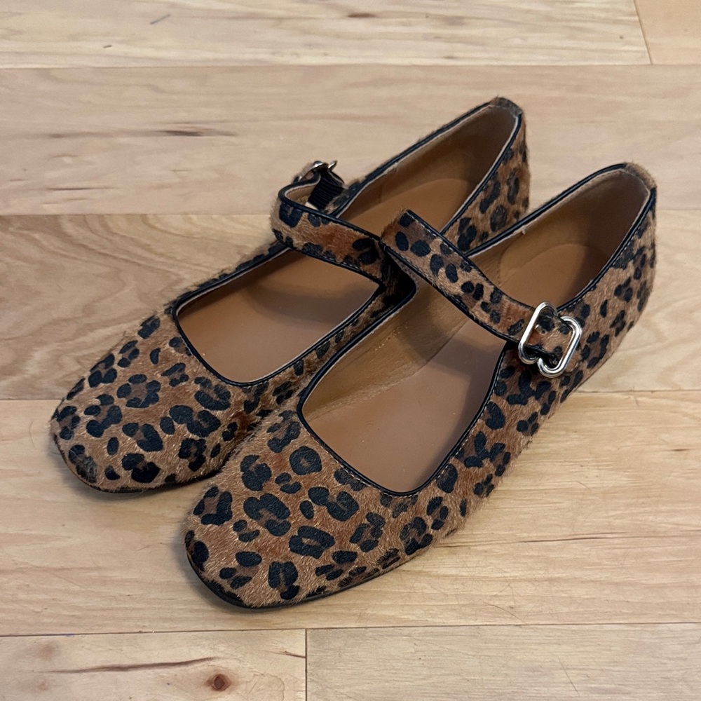 Leopard Print Mary Jane Flats with Buckle Strap - Brown/Black